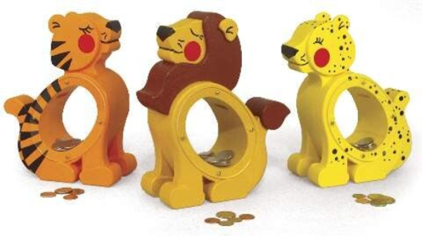 Handcrafted Wooden Animal Coin Bank – Lion, Tiger & Leopard Designs
