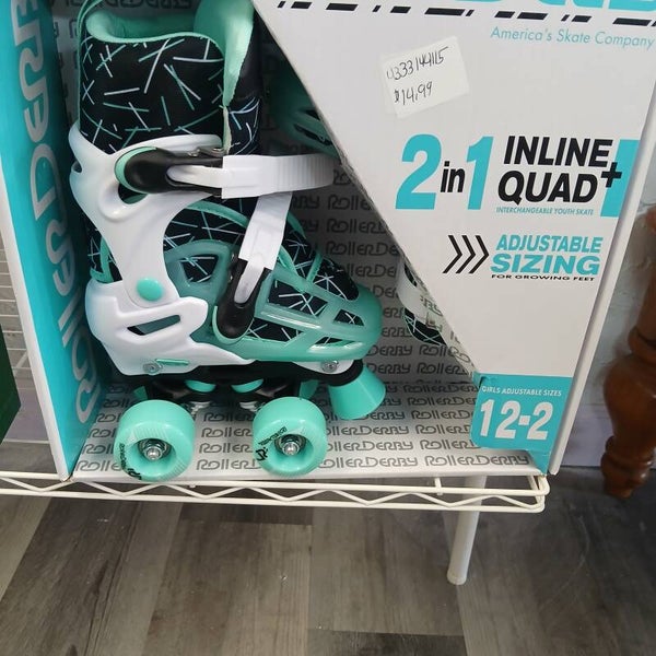 Roller Derby Mint Prodigy Kids' Adjustable Inline-Quad Combo Skates - White/Mint Green S (12-2): Indoor/Outdoor Use, Adjustable Size