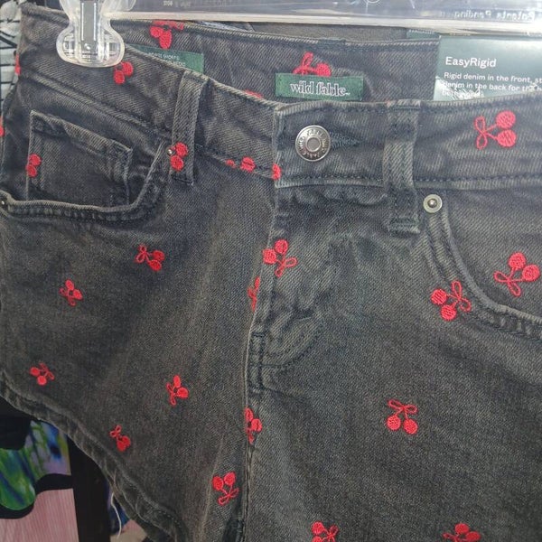 Wild Fable Shorts Womens 0 Black Embroidered Cherries EasyRigid Mid Rise Denim