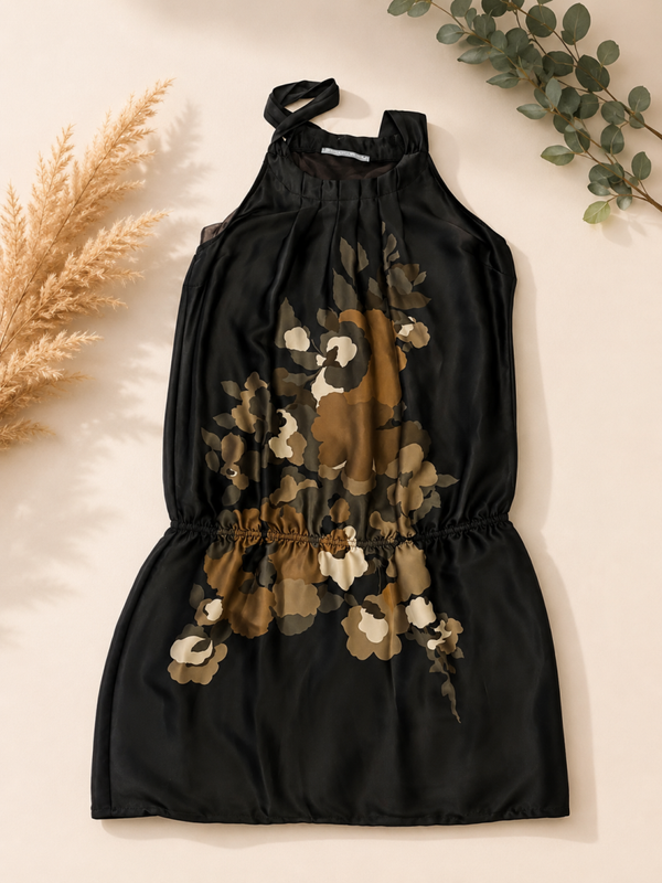 ROBE SATINEE KAKI ATTACHE NUQUE