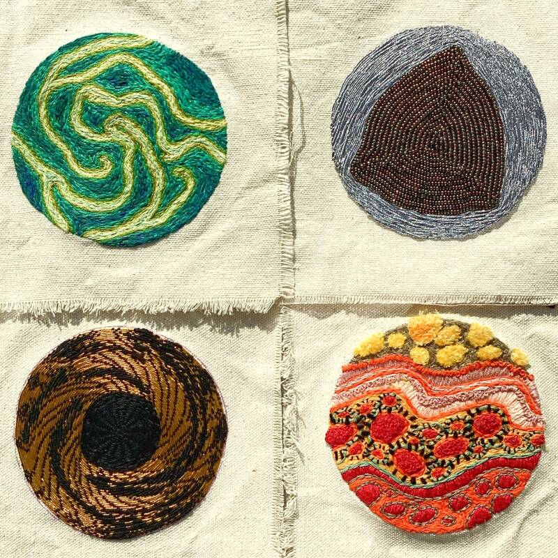 Hand Embroidery, Goldwork and Beadwork - Small Abstract Textile Fiber Arts by Tina Child, summer of 2026