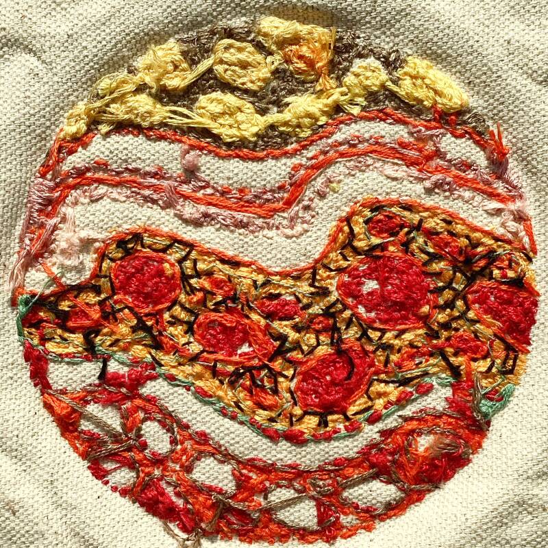 Back of small hand embroidery with various textures