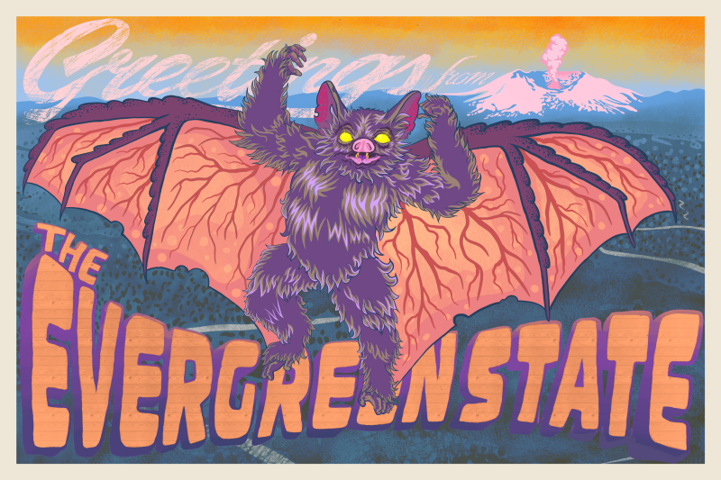 Batsquatch Postcard Design, Greetings from the Evergreen State, Mt. St. Helens, Washington Postcard