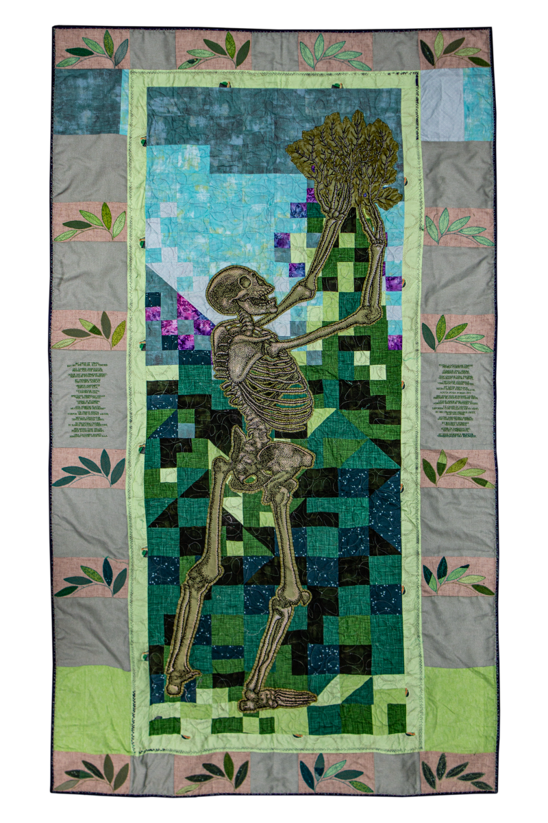 Quilt featuring the transformation of Daphne into a laurel tree featuring a life sized hand stitched skeleton, machine embroidery and applique