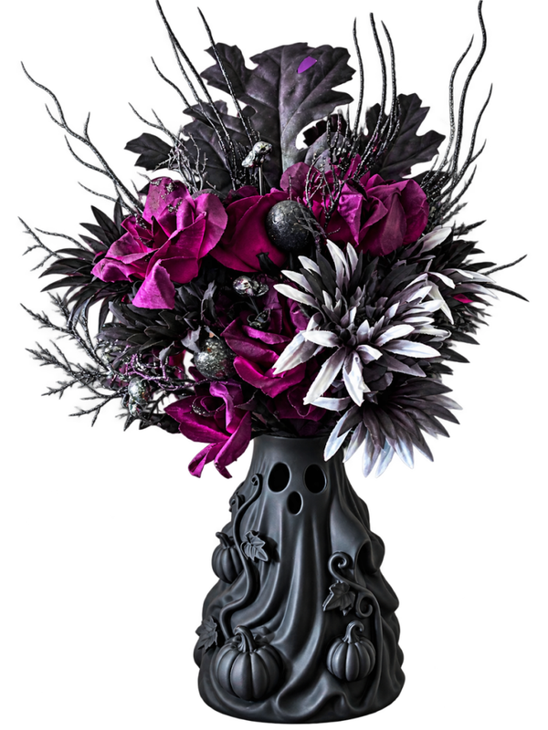 3D PRINTED GHOST VASE WITH DECORATIVE VINES AND PUMPKINS - HALLOWEEN & FALL DECOR