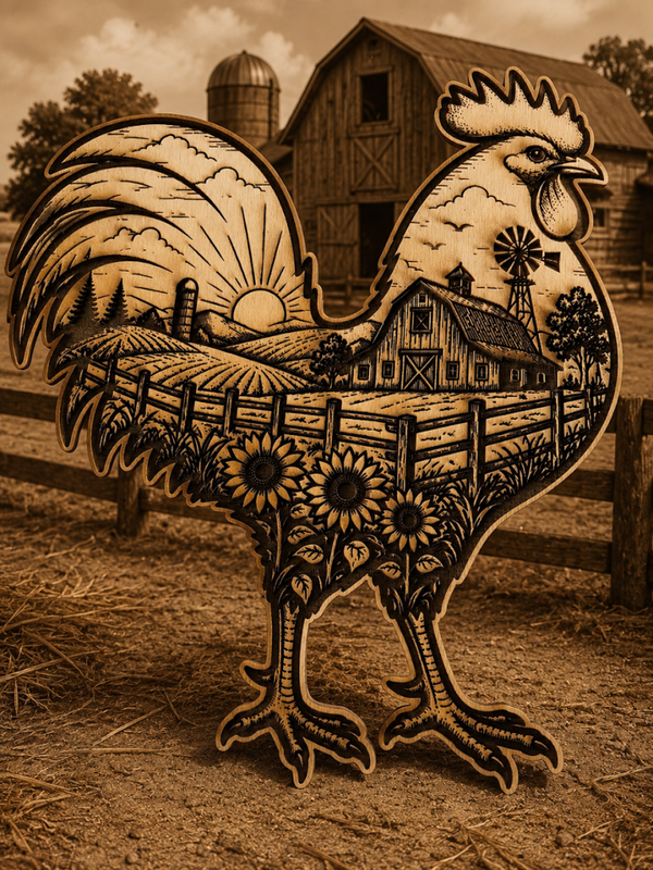 10" x 10" Basswood Rooster Farm Life Sign – Laser Etched Rustic Farmhouse Décor