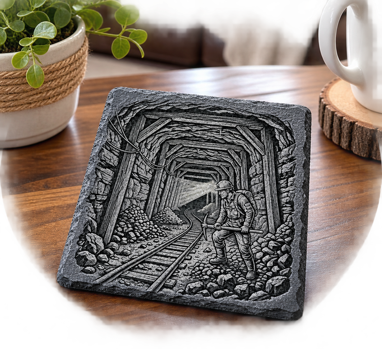 Set of 4 Coasters featuring 3d coal miner in tunnel- 4” x 4”