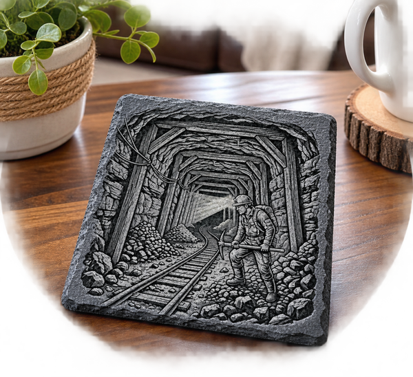 Set of 4 Coasters featuring 3d coal miner in tunnel- 4” x 4”