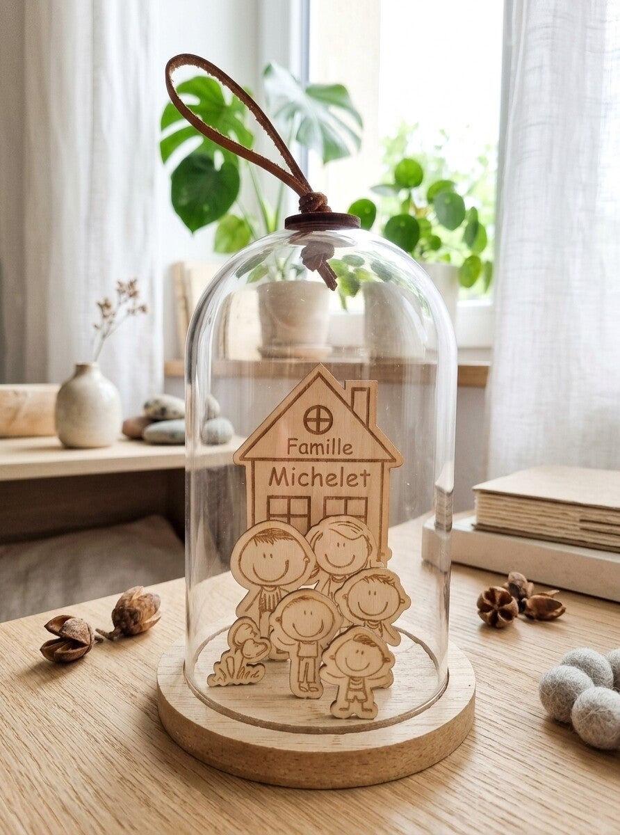 Décoration personnalisée sous cloche en bois et verre.