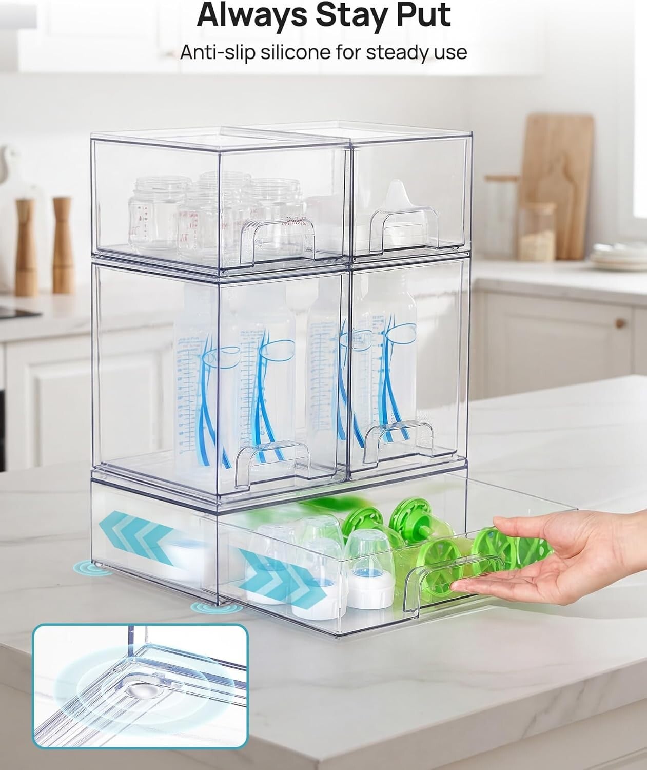 Set of 5 clear, stackable storage drawers for organizing baby bottles, beauty supplies, pantry items, and bathroom essentials. Ideal for countertops, vanities, cabinets, and pantries.