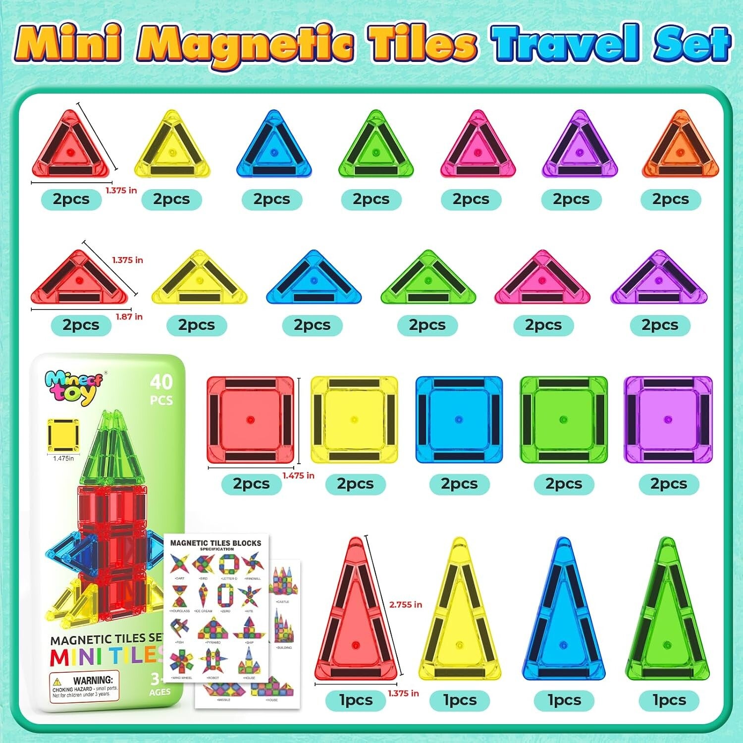 40PCS Mini Magnetic Tiles Toddler Travel Essentials Toys with Case Set,