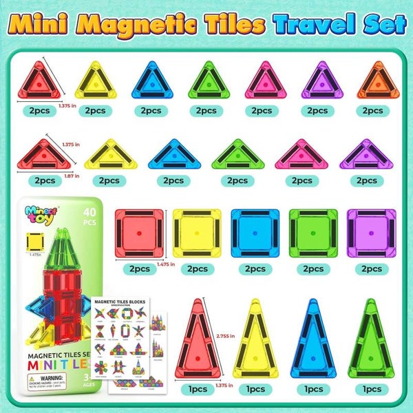 40PCS Mini Magnetic Tiles Toddler Travel Essentials Toys with Case Set,