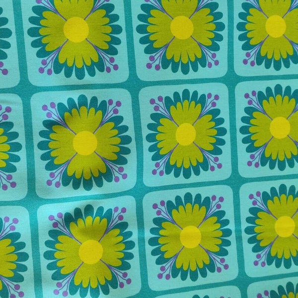 Baumwollstoff Blumenkachel blau