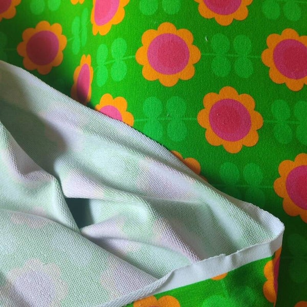 French Terry extrabreit Retroflower grün