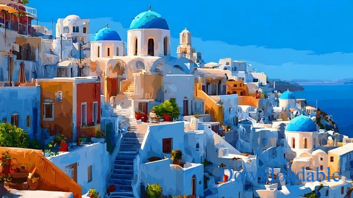 Santorini Aegean Paradise Dreams in Blue and White Horizontal Downloadable Print