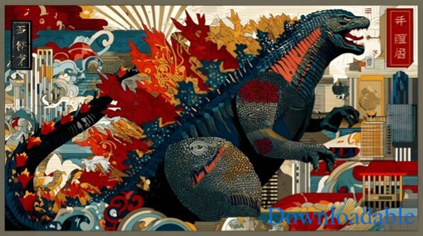 Kaiju Rising Godzilla in Ukiyo-e Glory Horizontal Downloadable Print