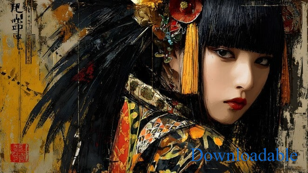 Urban Elegance Geisha in Abstract Expression Horizontal Print
