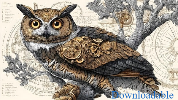 The Clockwork Scholar's Owl Horizontal Downloadable Print