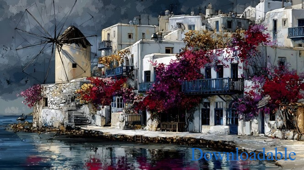 Mykonos Dreams Where Bougainvillea Meets the Aegean Horizontal Downloadable Print