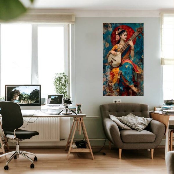 Melodic Hindu Goddess Sitar's Sacred Song Vertical Print