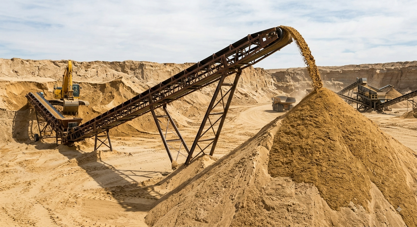 Sand Quarry conveyer Belt with a pile of sharp sand below from East Thames Aggregates 