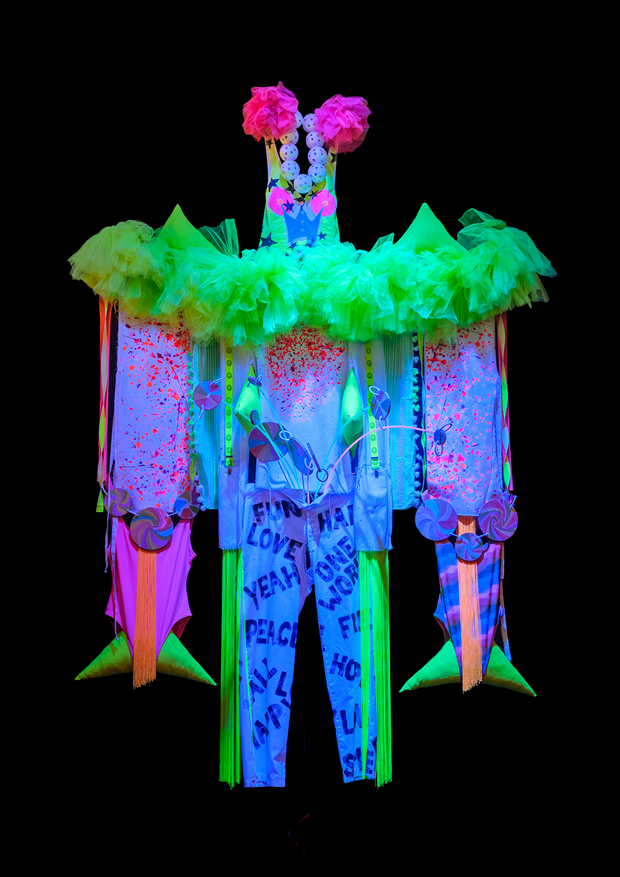 Textile object made out of neon colored reused materials