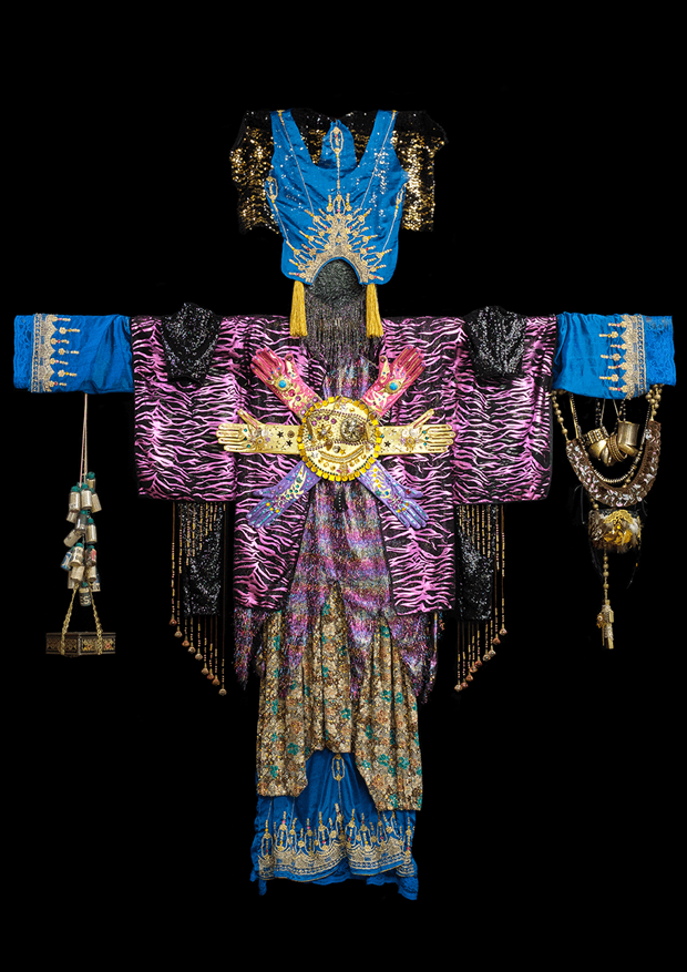 Textile Totem made out of shiny reused materials