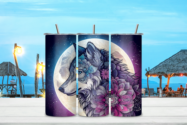 20 oz Stainless Steel Tumbler – Mandala Wolf Moon Design