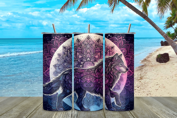 20 oz Stainless Steel Tumbler – Mandala Wolf Moon Design