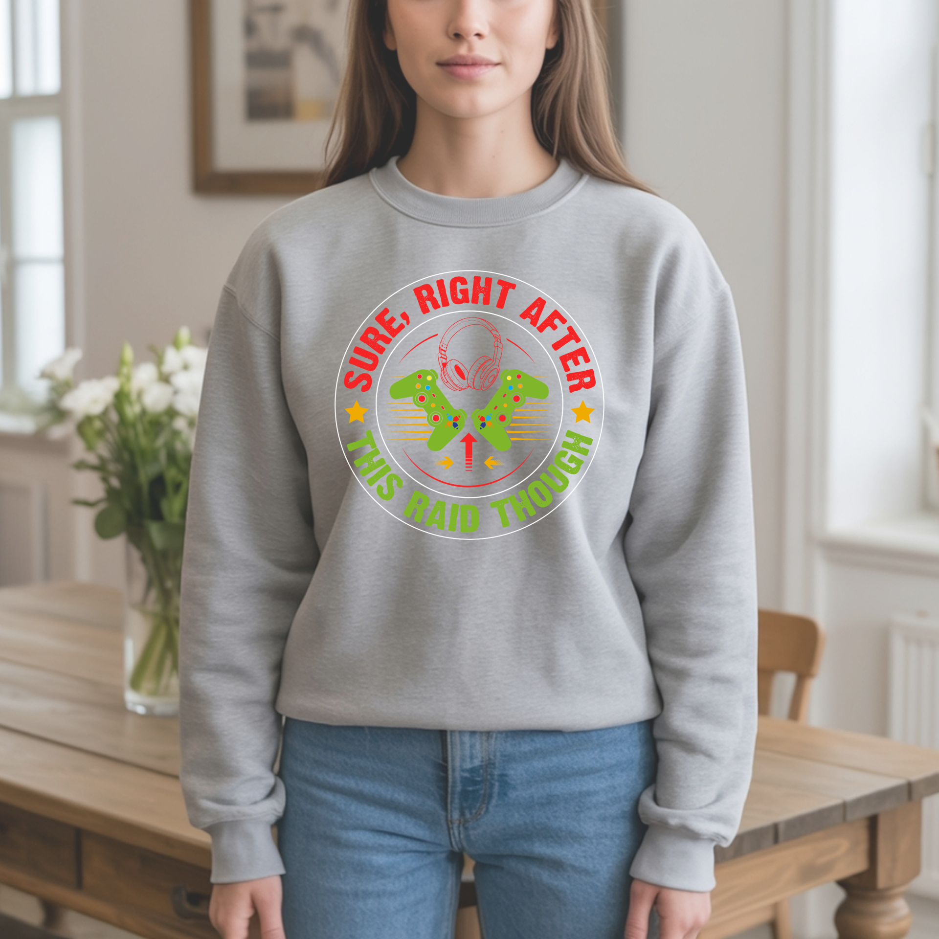 Gamer Gildan 18000 Crewneck Sweatshirt – “Sure, Right After This Raid” Gaming Pullover