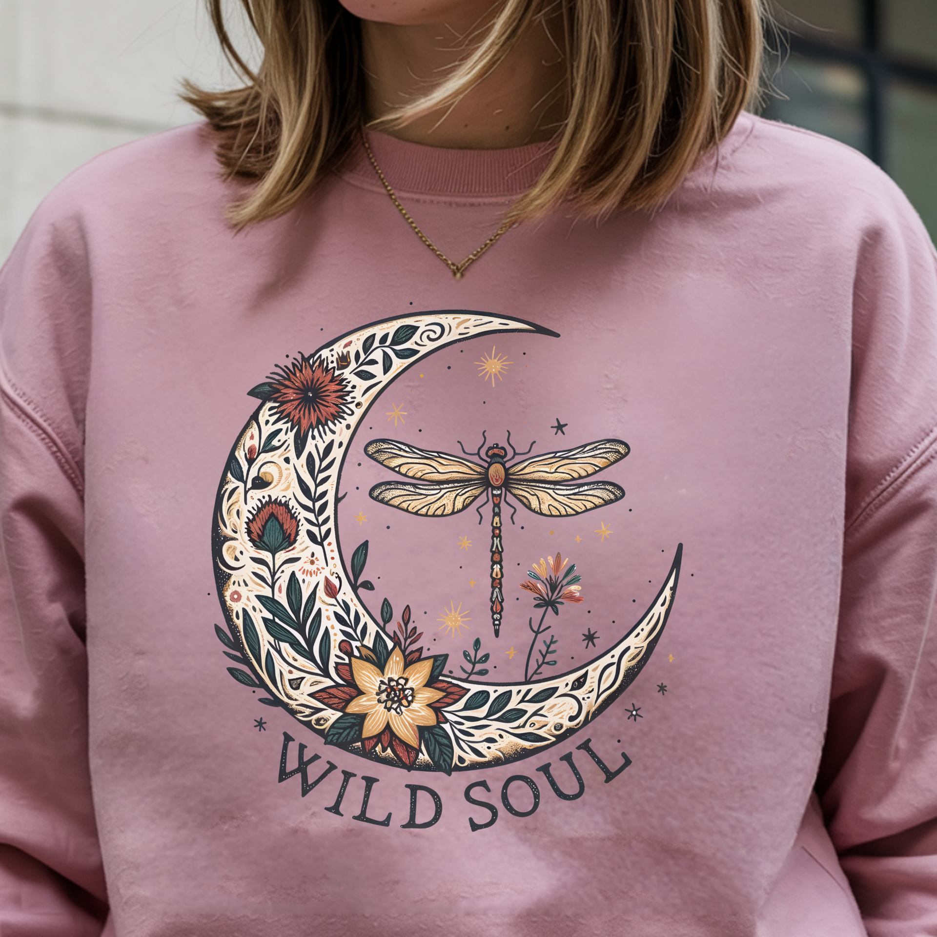 Gildan 18000 Wild Soul Dragonfly Crewneck Sweatshirt – Boho Floral Moon Graphic