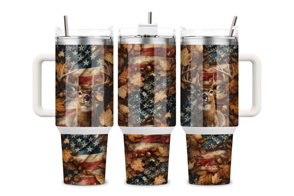 40 oz Patriotic Deer Tumbler – Rustic American Flag Fall Design