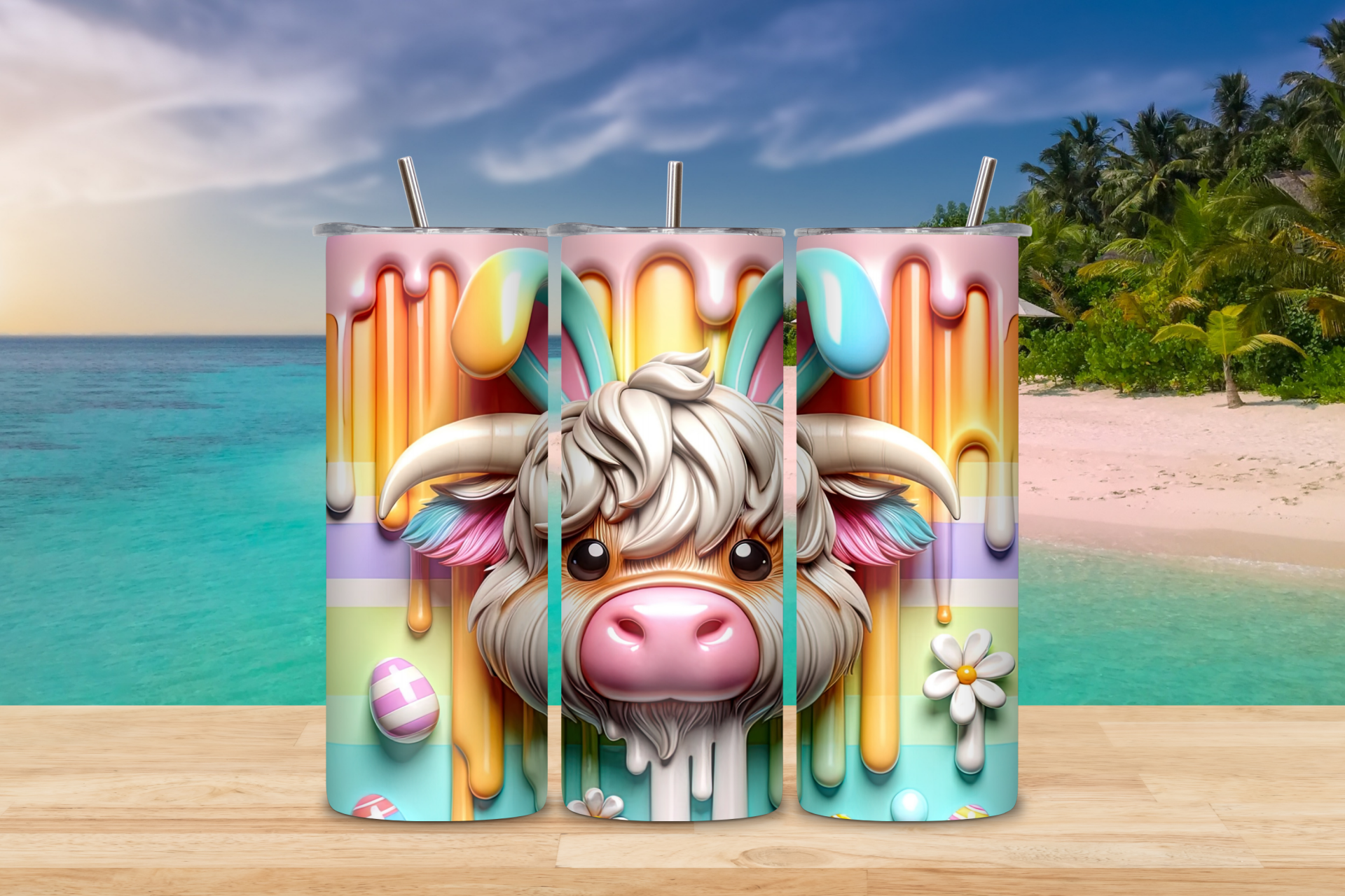 🐰 Highland Cow Easter 20 oz Skinny Tumbler – Colorful Spring Stainless Steel Cup