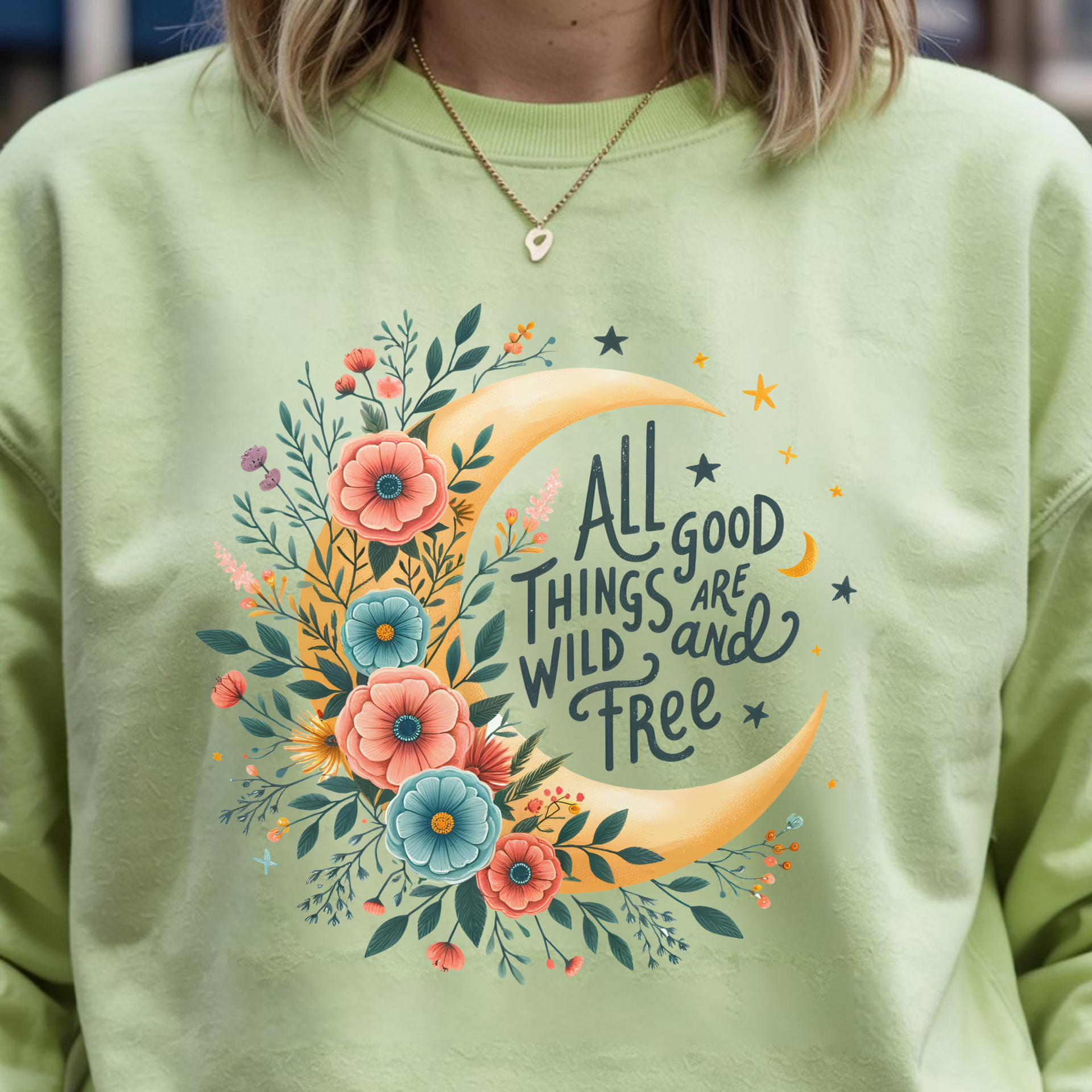 Gildan 18000 “All Good Things Are Wild and Free” Crewneck Sweatshirt – Floral Crescent Moon Graphic