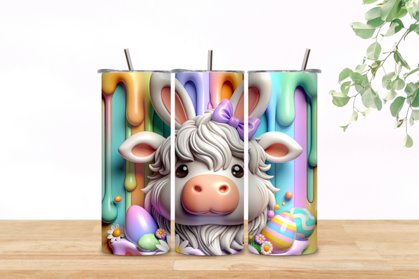 🐮 Highland Cow Easter 20 oz Skinny Tumbler – Cute Rainbow Drip Spring Stainless Steel Cup