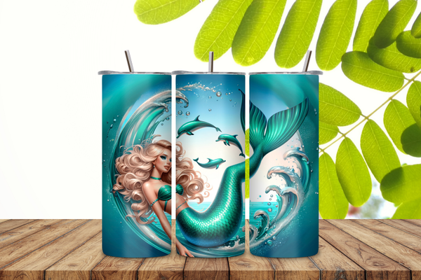 20 oz Stainless Steel Tumbler – Mermaid & Dolphin Ocean Wave Design