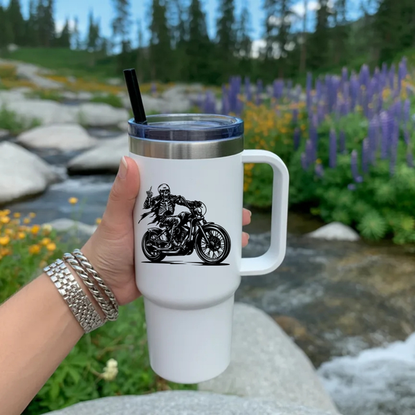 Skeleton Biker 40 oz Stainless Steel Tumbler with Handle & Straw – Motorcycle Rider Travel Mug