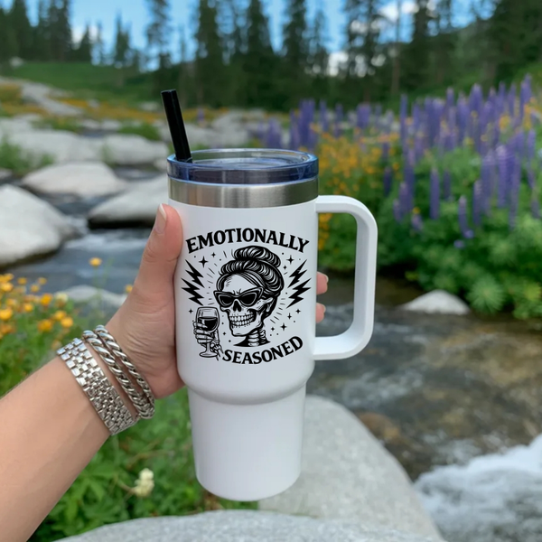 “Emotionally Seasoned” – 40 oz Funny Skull Stainless Steel Tumbler with Handle & Straw
