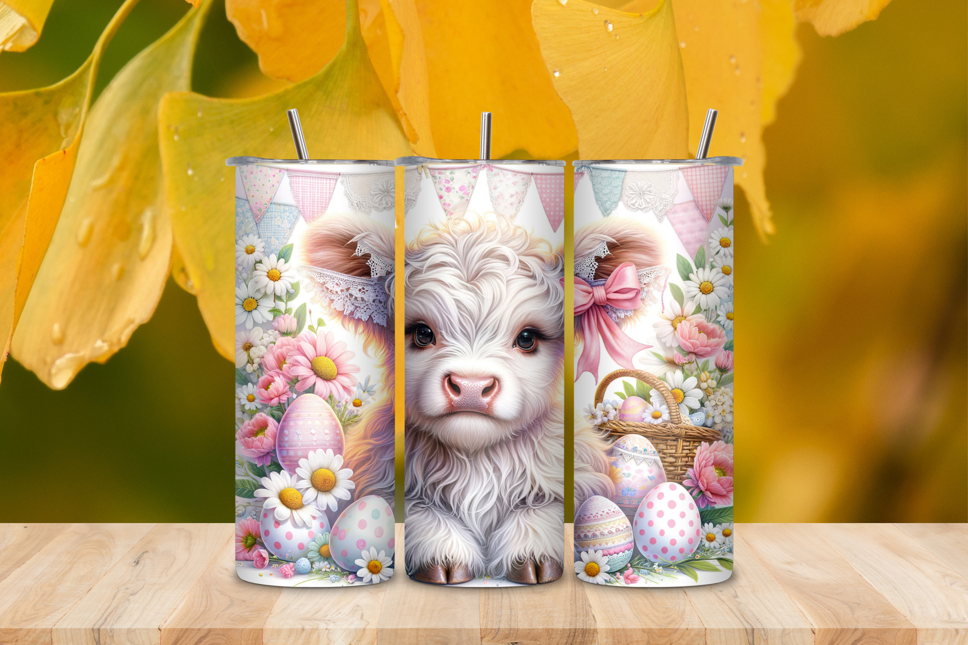 🐮 Cute Highland Cow Easter 20 oz Skinny Tumbler – Spring Floral Stainless Steel Cup