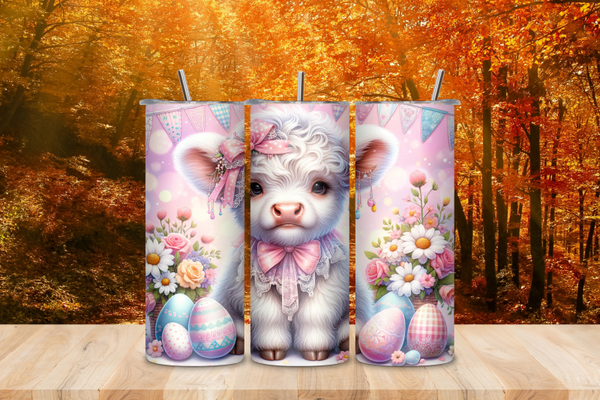 🐮 Cute Highland Cow Easter 20 oz Skinny Tumbler – Spring Floral Stainless Steel Cup