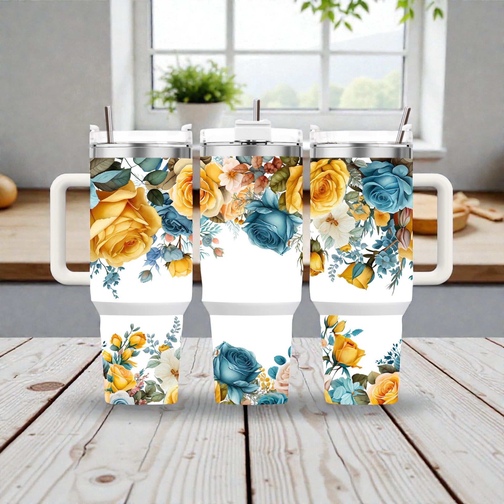 Yellow & Blue Floral 40 oz Insulated Tumbler with Handle – Elegant Rose Design