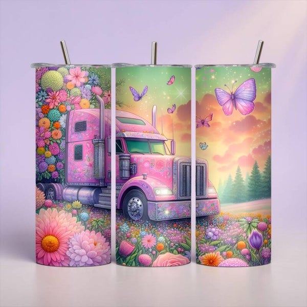 Pink Floral Semi Truck 20 oz Tumbler