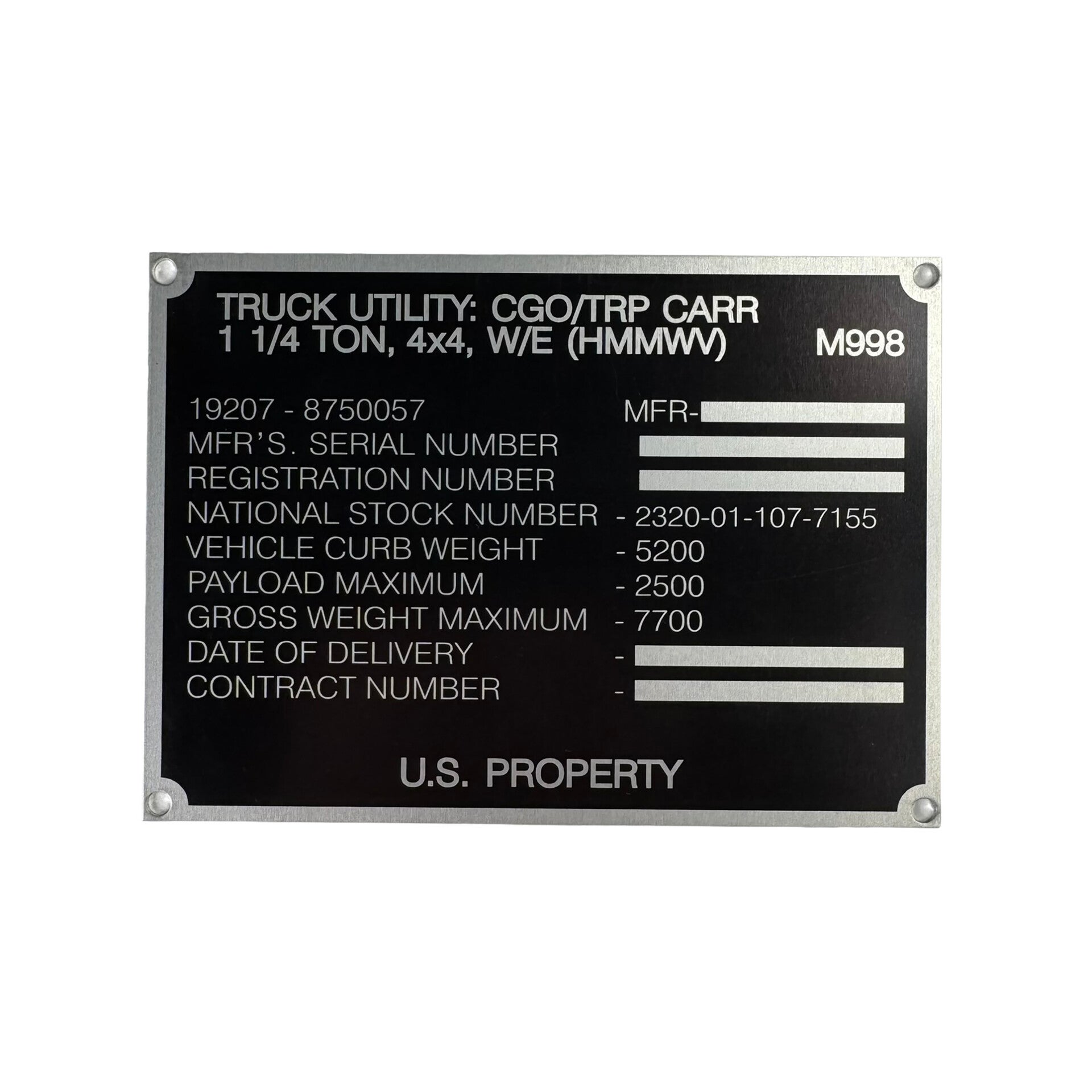 Typenschild M998 Hmmwv