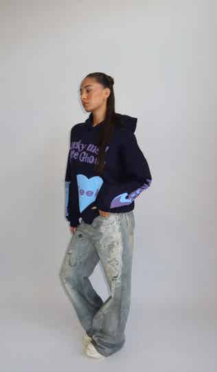 AW25 – LUCKY ME HOODIE – NAVY WITH PURPLE