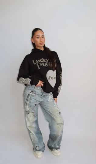 AW25 – LUCKY ME HOODIE – BLACK WITH EARTH TONES