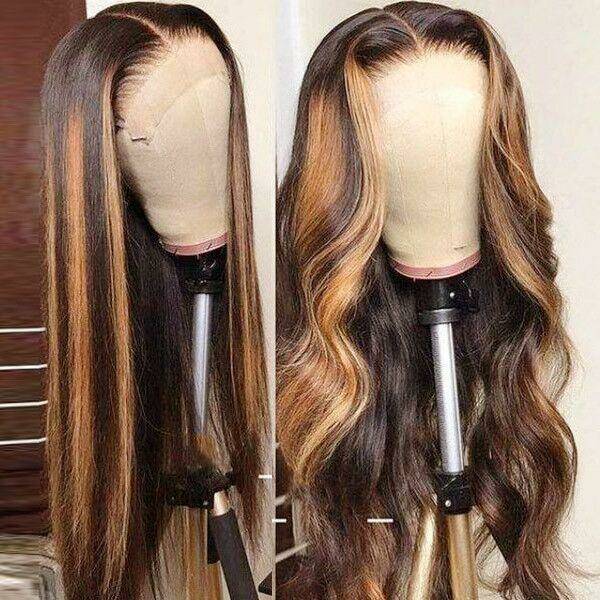 Honey Blonde Highlight Color Lace Part Wigs 100% Human Hair Wigs