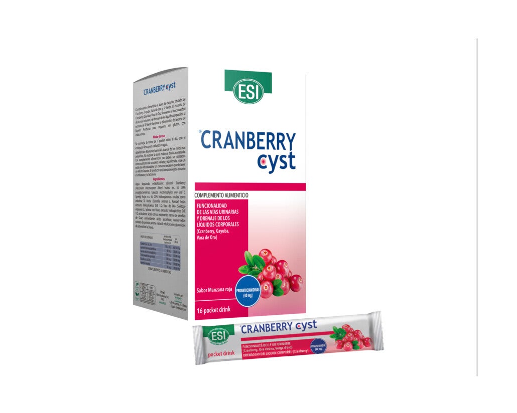 Cranberry cyst Pocket drink Complemento alimenticio a base de arándano rojo para el bienestar de las vías urinarias.