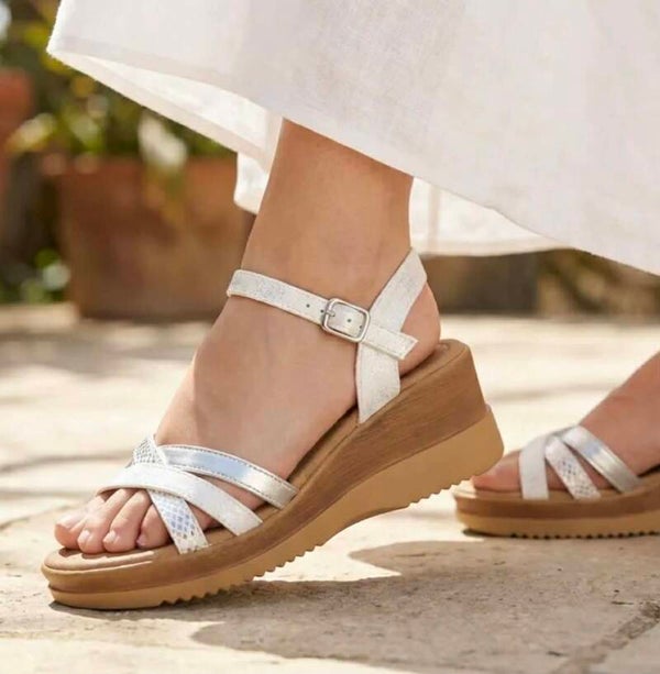 Sandalette Compensée Blanc et Argenté
