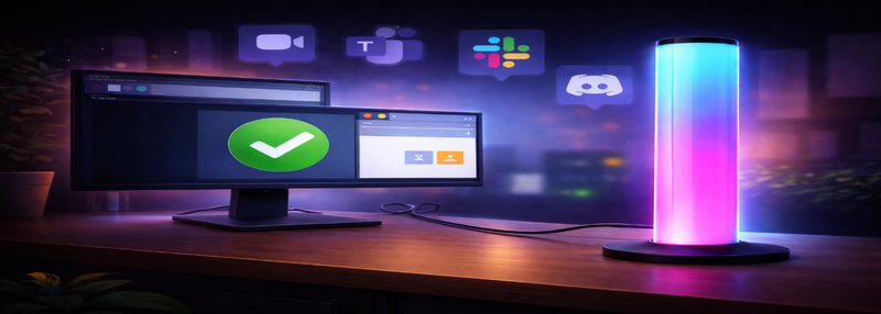 Illustration of a glowing desk busy light next to a computer monitor, with Zoom, Teams, Slack and Discord icons