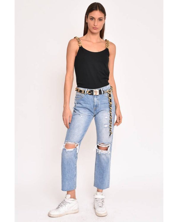 NEW  RIPPED JEANS WITH CHAIN BELT